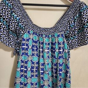 Elegant Blue and White Geometric Midi Dress